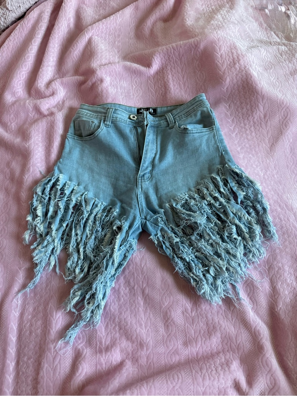 Fringed Light Blue Denim High-Waist Shorts